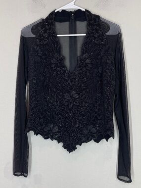 Tadashi Beaded Top Evening Blouse Women's L Black Sheer Long Sleeve